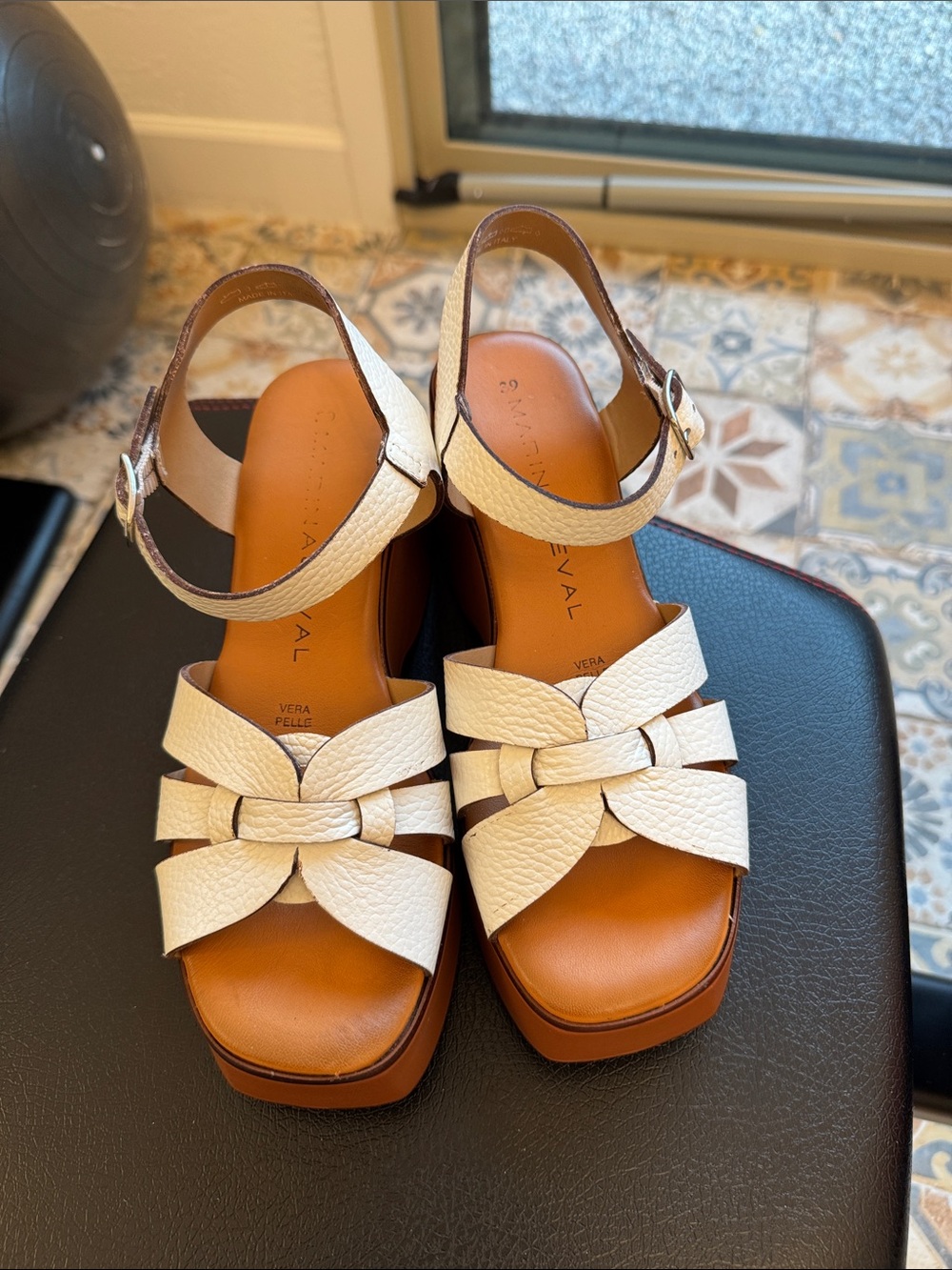 White Leather Knot-Front Wedge Sandals with Ankle Strap.  Leather worn once!